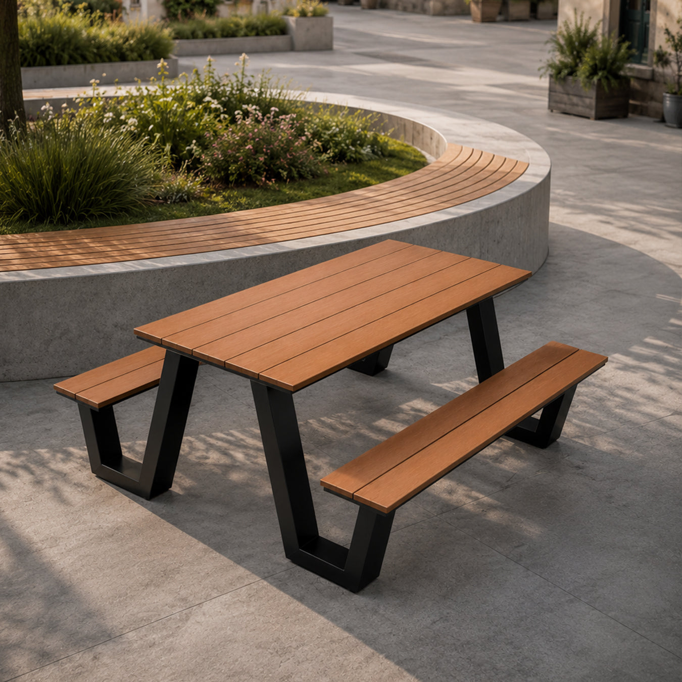Contemporary Outdoor Picnic Table Set with Powder Coated Steel Frame——Gather G002
