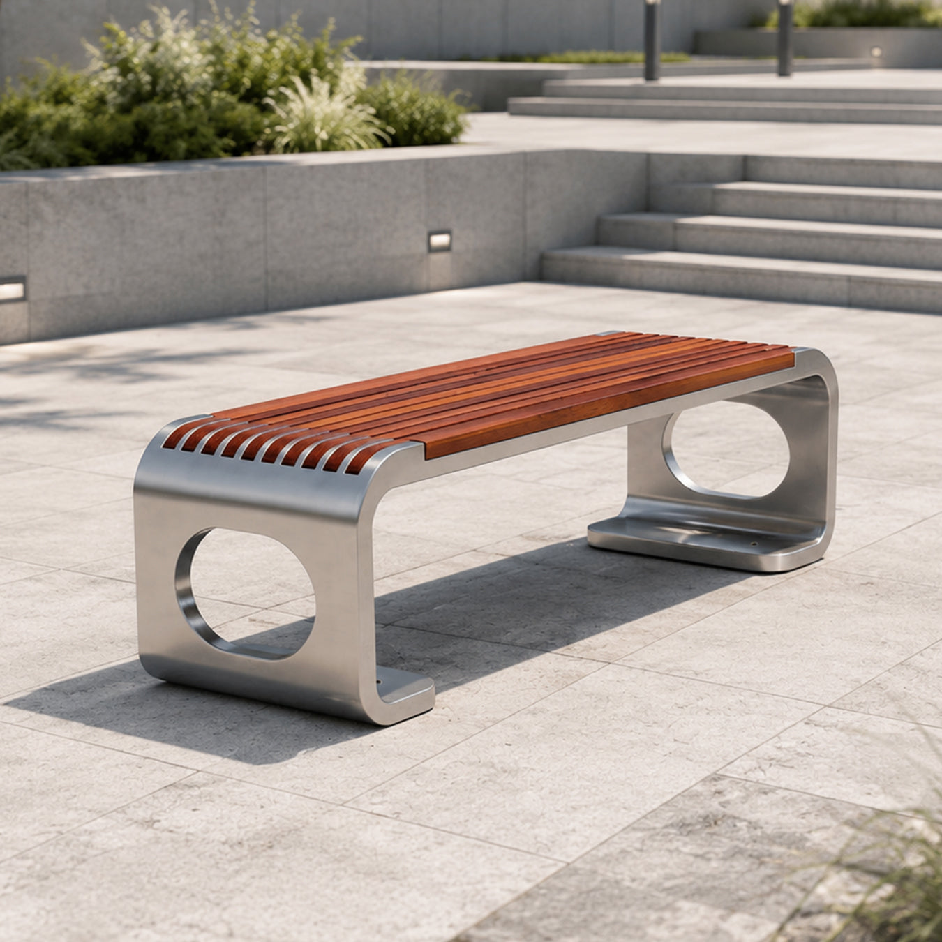 Stainless Steel Frame Solid Wood Public Bench——Horizon H001